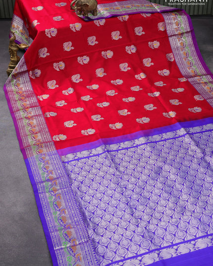 Venkatagiri silk saree red and blue with floral & annam silver zari woven buttas and silver zari woven paithani border