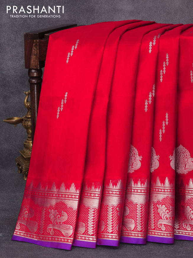 Venkatagiri silk saree red and blue with silver zari woven buttas and rich silver zari woven border