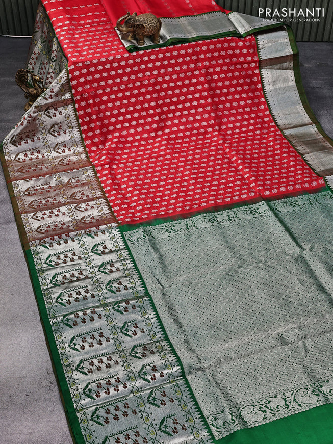 Venkatagiri silk saree red and green with allover silver zari woven floral buttas and long silver zari woven floral paithani border