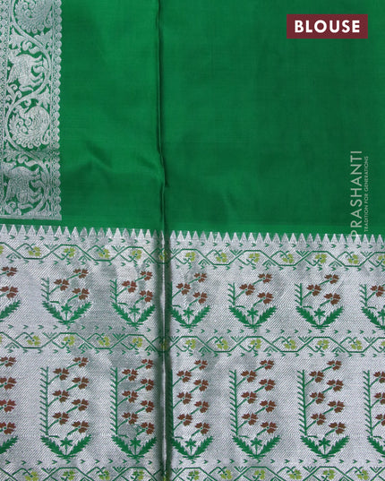 Venkatagiri silk saree red and green with allover silver zari woven floral buttas and long silver zari woven floral paithani border