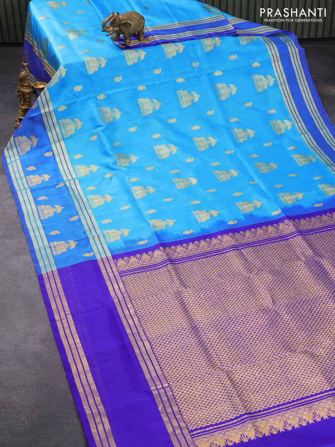 Venkatagiri silk saree light blue and blue with allover zari woven buttas and rettapet zari woven butta border