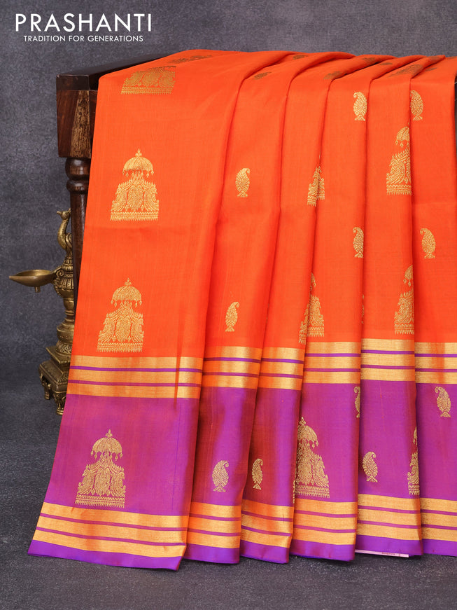 Venkatagiri silk saree orange and blue with allover zari woven buttas and rettapet zari woven butta border