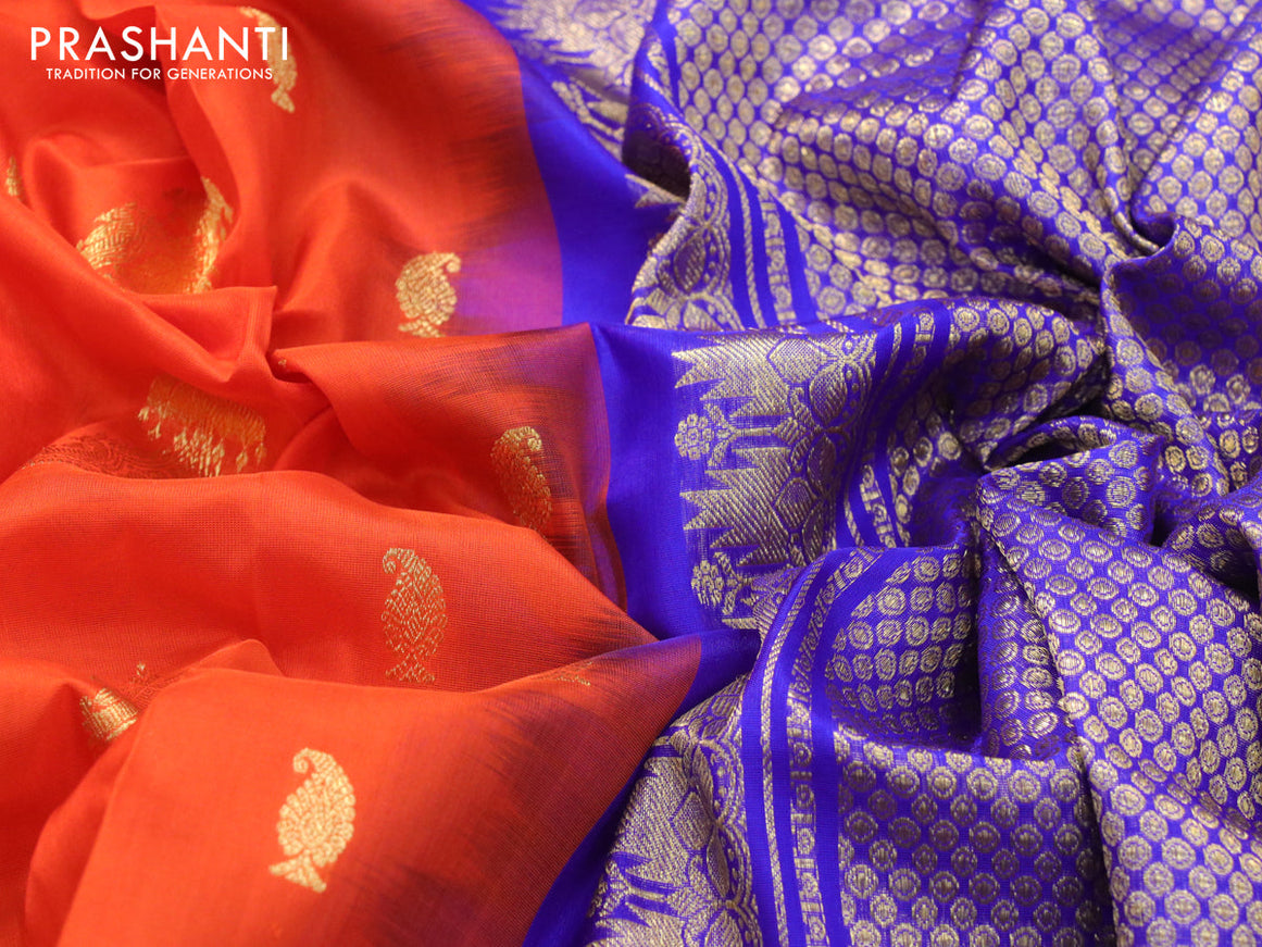 Venkatagiri silk saree orange and blue with allover zari woven buttas and rettapet zari woven butta border