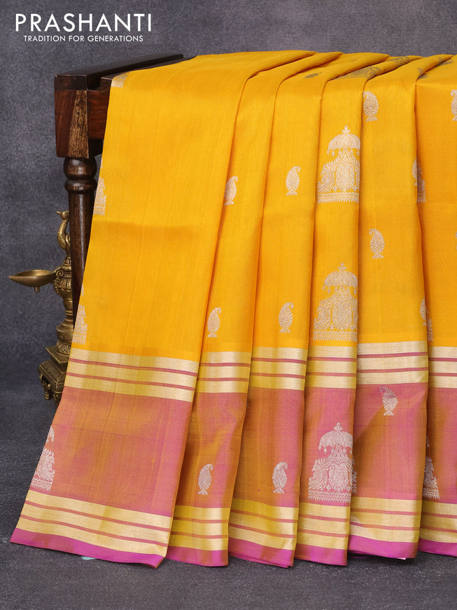 Venkatagiri silk saree yellow and purple with allover silver zari woven buttas and rettapet silver zari woven butta border