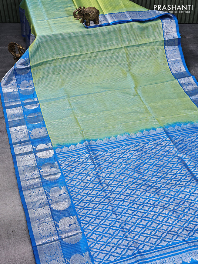 Venkatagiri silk saree light green and cs blue with allover silver zari checks pattern and annam silver zari woven border