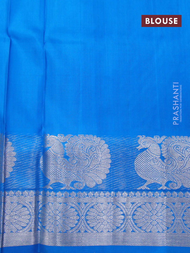 Venkatagiri silk saree light green and cs blue with allover silver zari checks pattern and annam silver zari woven border