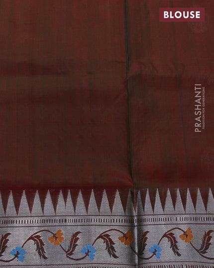 Venkatagiri silk saree green and dual shade of maroon with silver zari woven buttas and temple design silver zari woven floral paithani border