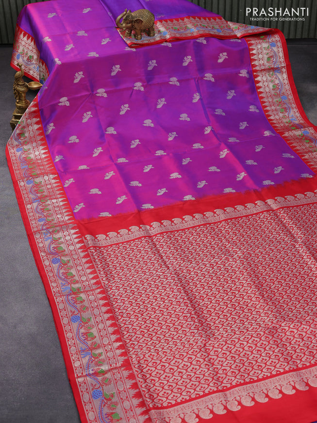 Venkatagiri silk saree dual shade of purple and red with silver zari woven buttas and silver zari woven paithani border