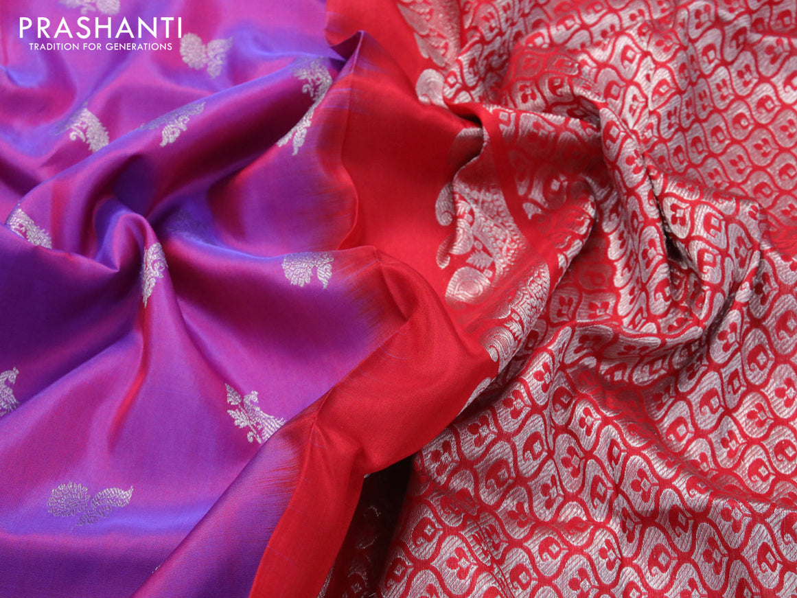 Venkatagiri silk saree dual shade of purple and red with silver zari woven buttas and silver zari woven paithani border