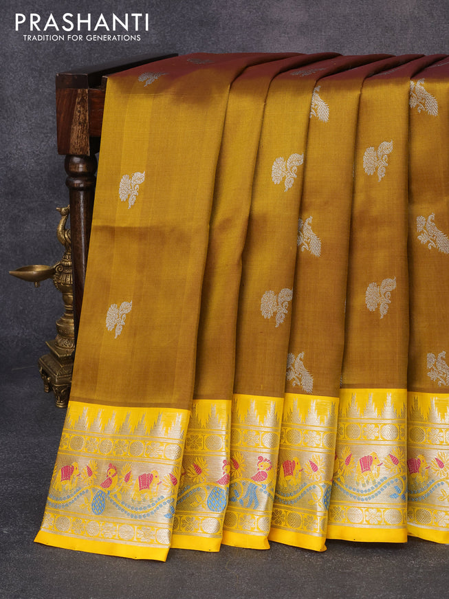 Venkatagiri silk saree dark mustard and yellow with silver zari woven buttas and silver zari woven paithani border