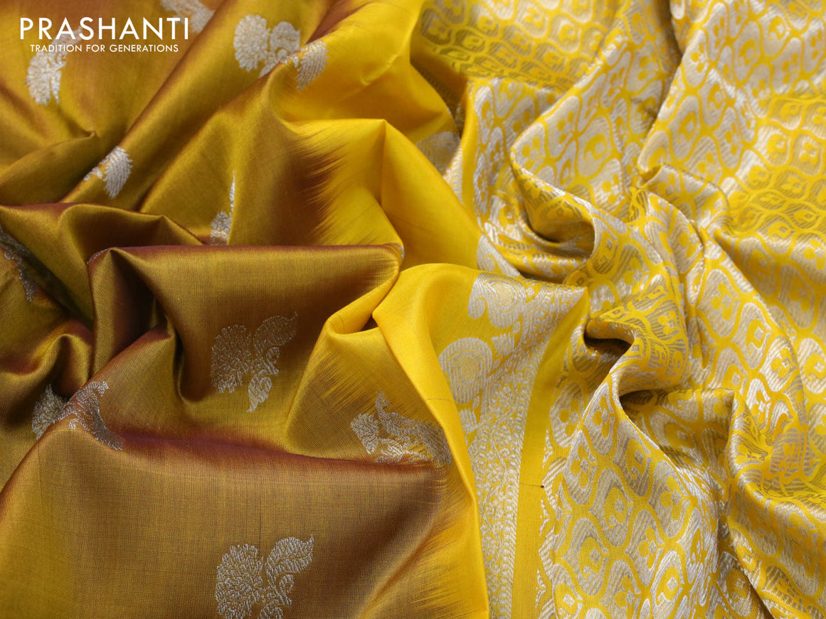 Venkatagiri silk saree dark mustard and yellow with silver zari woven buttas and silver zari woven paithani border