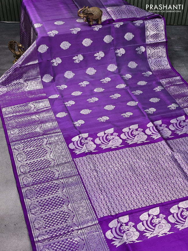 Venkatagiri silk saree violet shade and violet with silver zari woven floral buttas and long silver zari woven border
