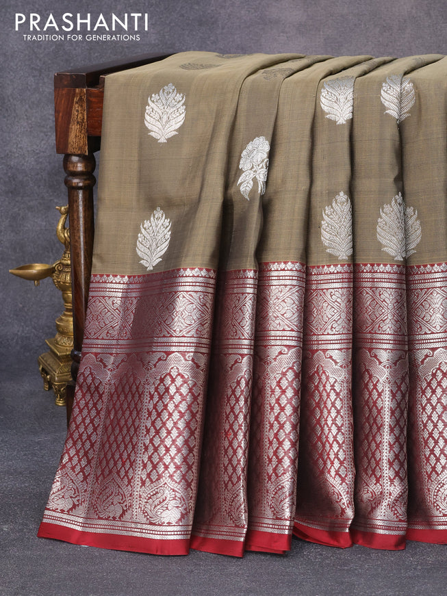 Venkatagiri silk saree chikku shade and deep maroon with silver zari woven floral buttas and long silver zari woven border