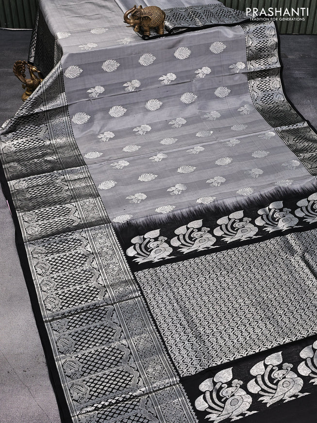 Venkatagiri silk saree grey and black with silver zari woven buttas and long silver zari woven border