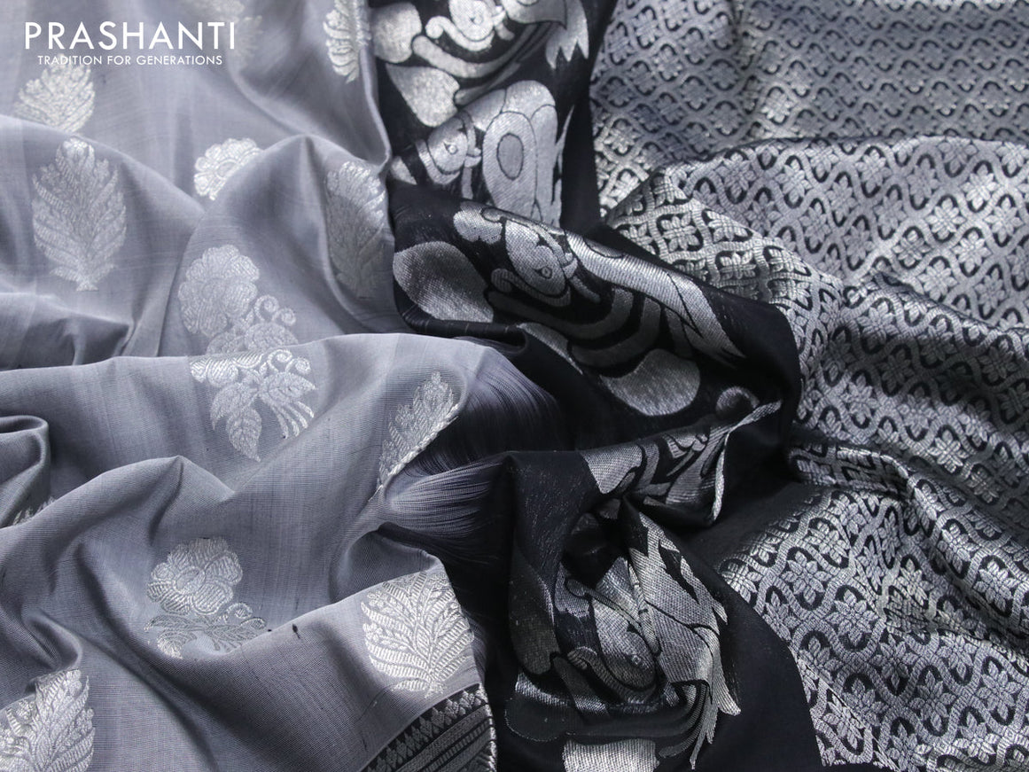 Venkatagiri silk saree grey and black with silver zari woven buttas and long silver zari woven border