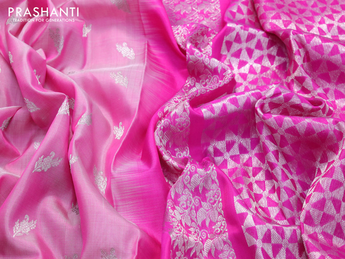 Venkatagiri silk saree light pink and pink with silver zari woven floral buttas and rich silver zari woven border