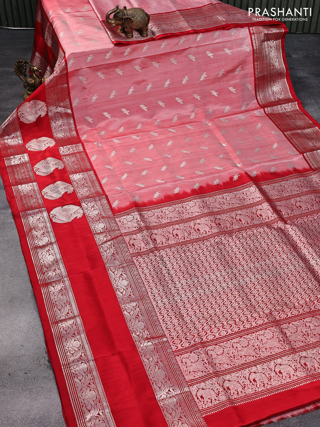 Venkatagiri silk saree red shade and red with silver zari woven floral buttas and long silver zari woven annam butta border