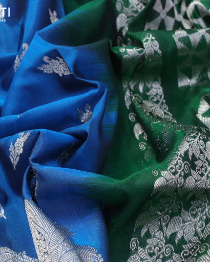 Venkatagiri silk saree peacock blue and green with silver zari woven floral buttas and rich silver zari woven border
