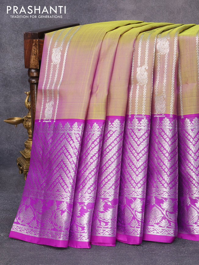 Venkatagiri silk saree dual shade of light green and purple with allover silver zari weaves and long rich silver zari woven border