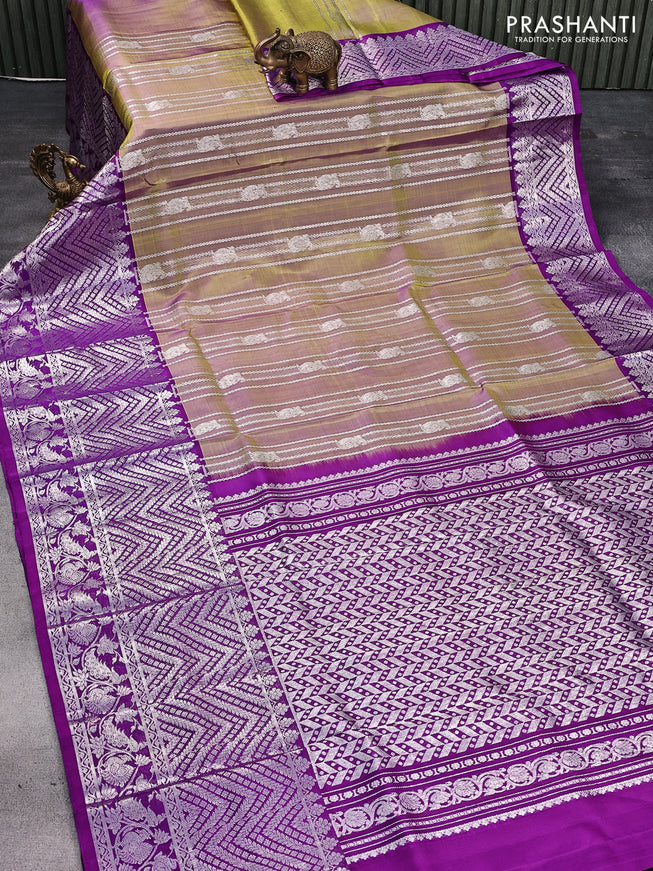 Venkatagiri silk saree dual shade of light green and purple with allover silver zari weaves and long rich silver zari woven border