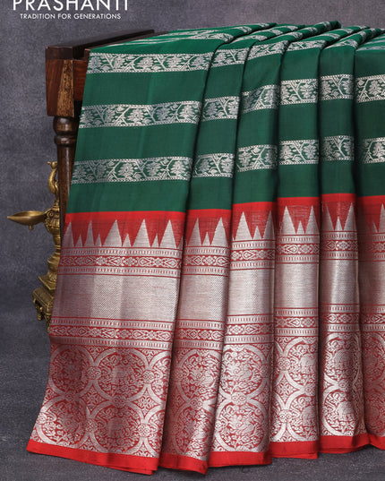 Venkatagiri silk saree dark green and maroon with allover silver zari weaves and temple design long silver zari woven border