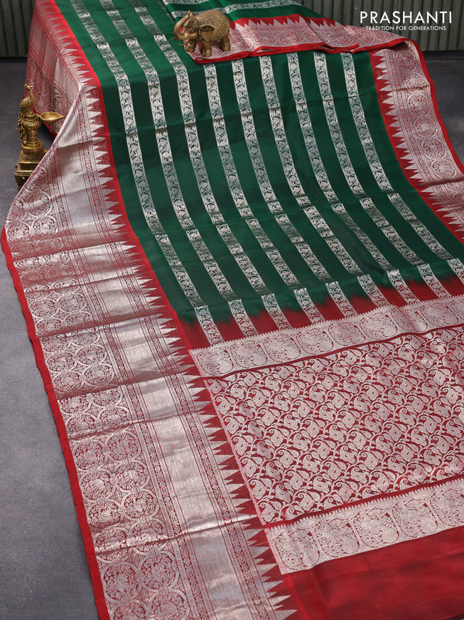 Venkatagiri silk saree dark green and maroon with allover silver zari weaves and temple design long silver zari woven border