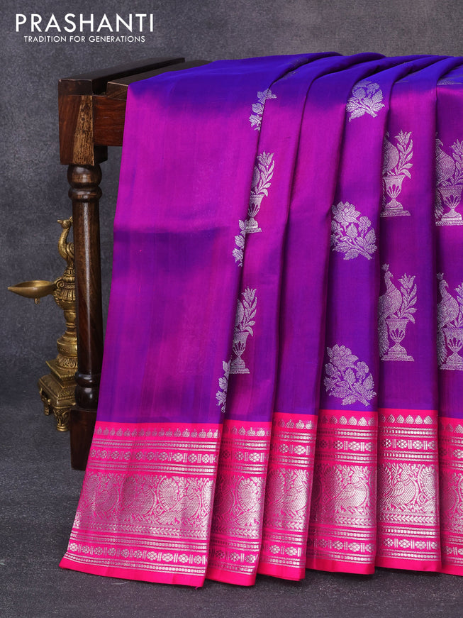 Venkatagiri silk saree dual shade of purple and pink with peacock & floral silver zari woven buttas and rich silver zari woven annam border