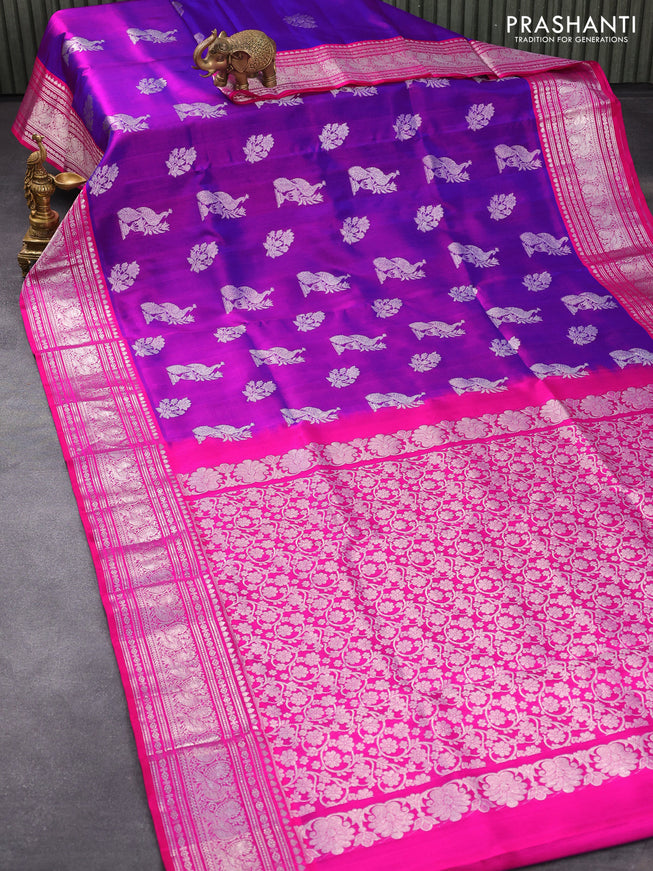 Venkatagiri silk saree dual shade of purple and pink with peacock & floral silver zari woven buttas and rich silver zari woven annam border