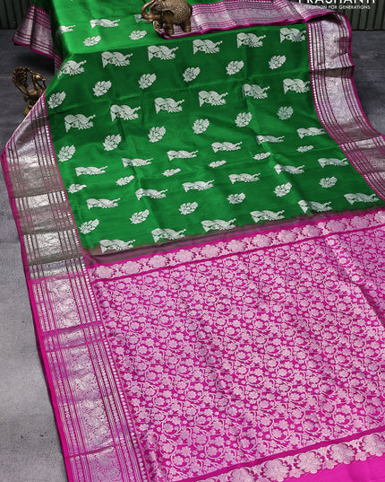 Venkatagiri silk saree green and magenta pink with peacock & floral silver zari woven buttas and rich silver zari woven annam border