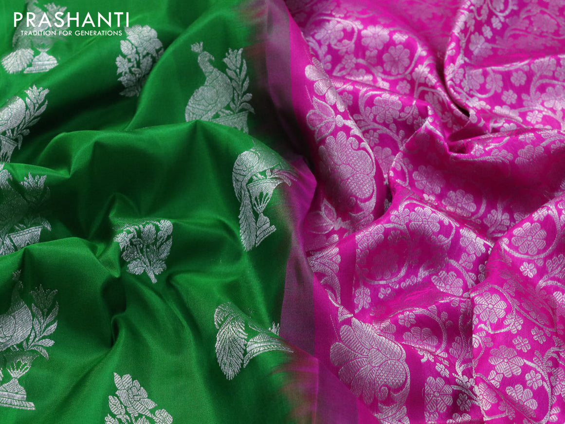 Venkatagiri silk saree green and magenta pink with peacock & floral silver zari woven buttas and rich silver zari woven annam border