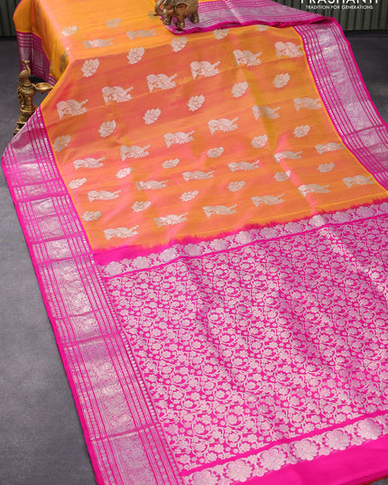 Venkatagiri silk saree dual shade of yellowish pink and pink with peacock & floral silver zari woven buttas and rich silver zari woven annam border