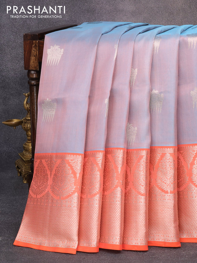 Venkatagiri silk saree dual shade of bluish grey and orange with silver zari woven buttas and long rich zari woven border