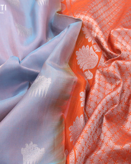 Venkatagiri silk saree dual shade of bluish grey and orange with silver zari woven buttas and long rich zari woven border