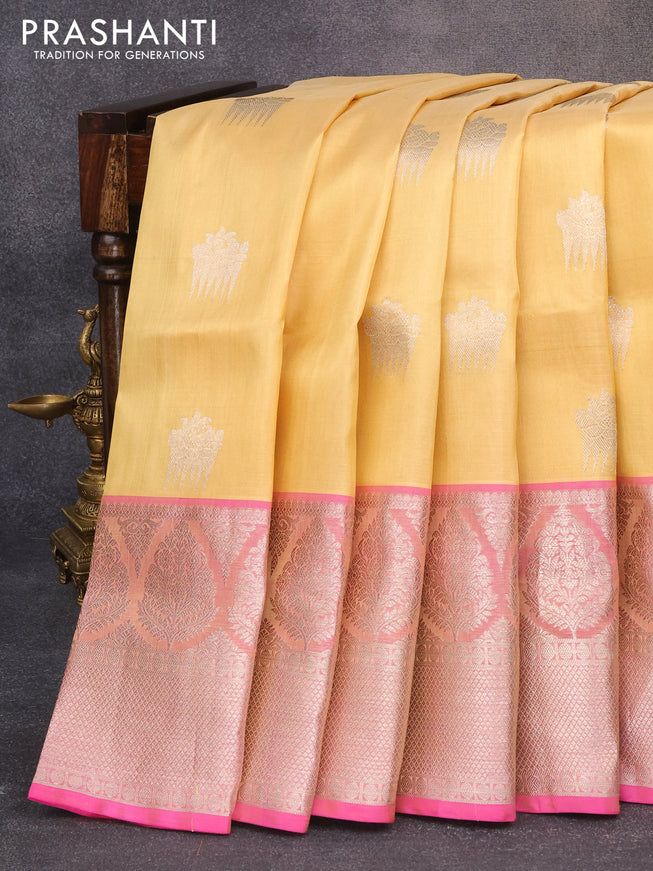 Venkatagiri silk saree sandal shade and pink with silver zari woven buttas and long rich zari woven border