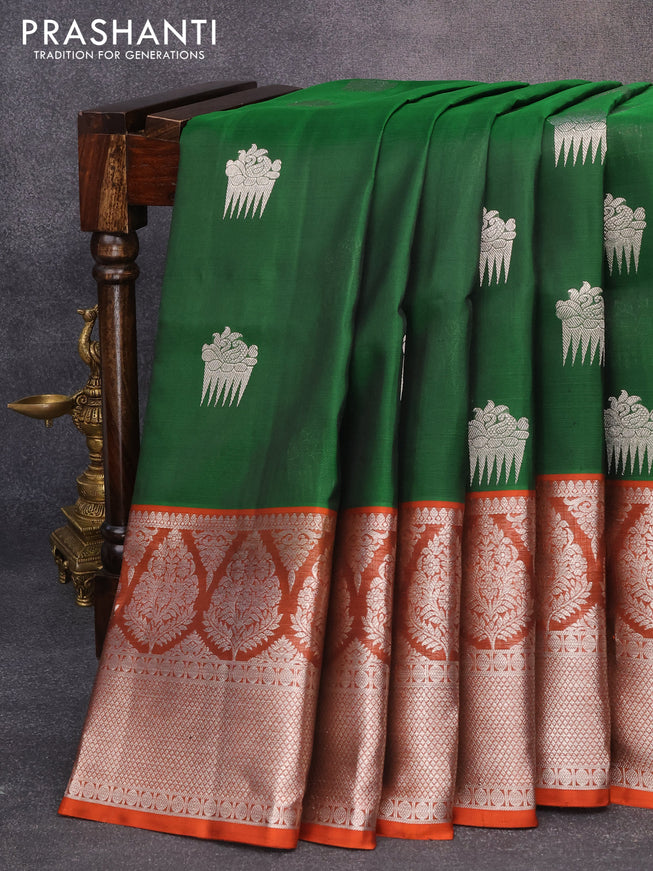 Venkatagiri silk saree green and orange with silver zari woven buttas and long rich zari woven border