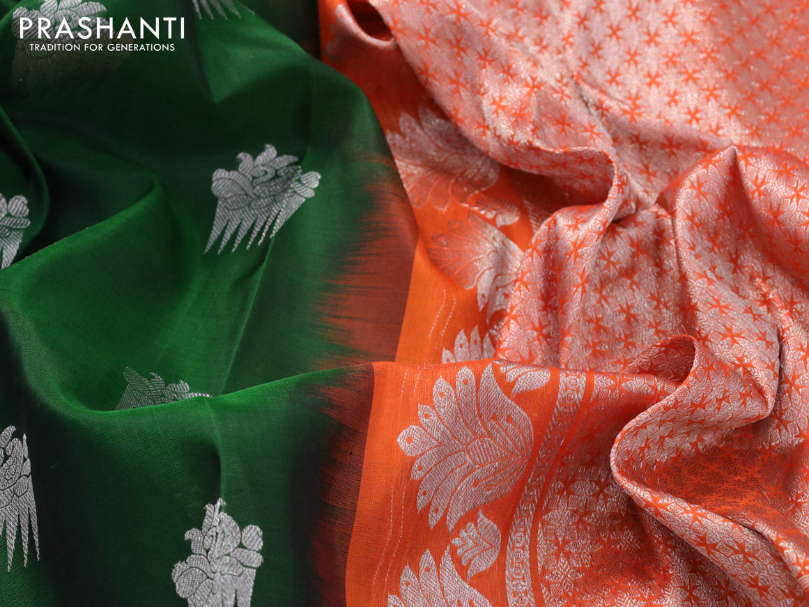 Venkatagiri silk saree green and orange with silver zari woven buttas and long rich zari woven border