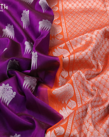Venkatagiri silk saree purple and orange with silver zari woven buttas and long rich zari woven border