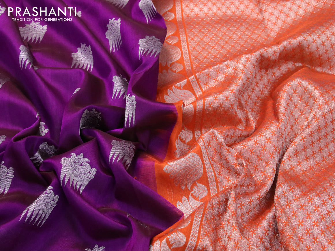 Venkatagiri silk saree purple and orange with silver zari woven buttas and long rich zari woven border
