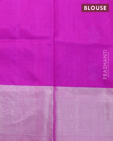 Venkatagiri silk saree dual shade of pinkish orange and purple with silver zari woven peacock buttas and long silver zari woven border