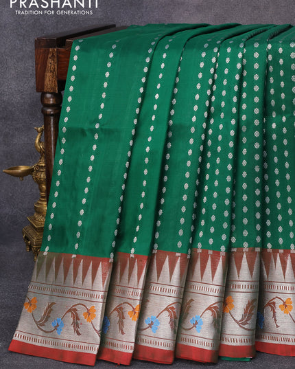 Venkatagiri silk saree dark green and dual shade of maroon with allover silver zari buttas and temple design silver zari woven paithani border