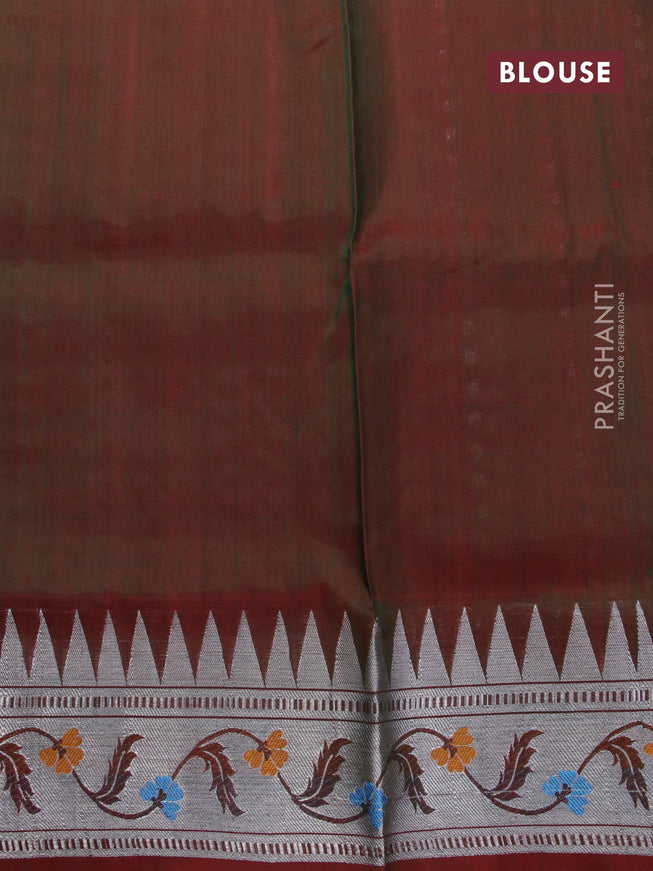 Venkatagiri silk saree dark green and dual shade of maroon with allover silver zari buttas and temple design silver zari woven paithani border
