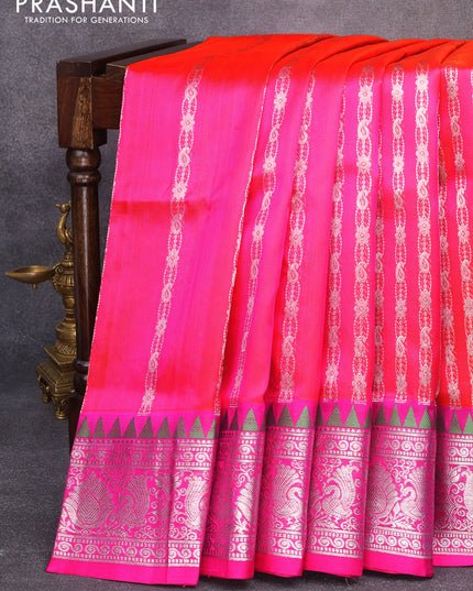 Venkatagiri silk saree dual shade of pink and magenta pink with allover silver zari weaves and temple design silver zari woven border