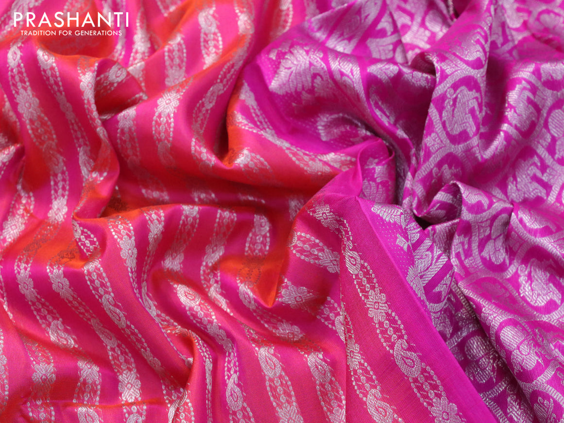 Venkatagiri silk saree dual shade of pink and magenta pink with allover silver zari weaves and temple design silver zari woven border