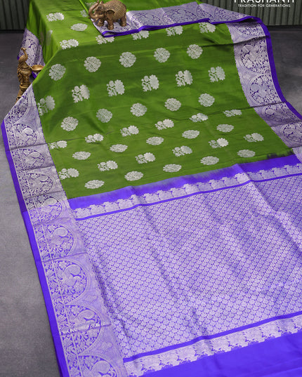 Venkatagiri silk saree sap green and royal blue with silver zari woven buttas and annam silver zari woven border