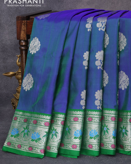 Venkatagiri silk saree dual shade of bluish green and green with silver zari woven buttas and silver zari woven floral paithani border