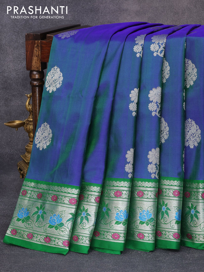 Venkatagiri silk saree dual shade of bluish green and green with silver zari woven buttas and silver zari woven floral paithani border