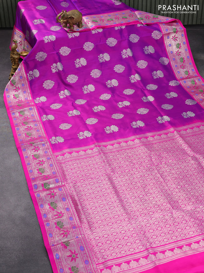 Venkatagiri silk saree purple and pink with silver zari woven buttas and silver zari woven floral paithani border