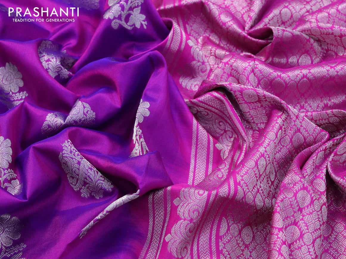 Venkatagiri silk saree purple and pink with silver zari woven buttas and silver zari woven floral paithani border