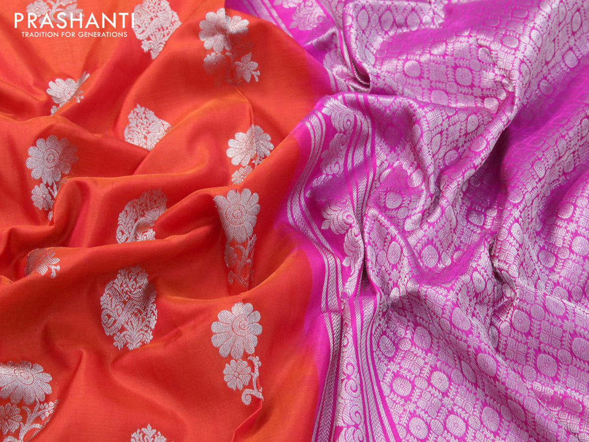Venkatagiri silk saree orange and pink with silver zari woven buttas and silver zari woven floral paithani border