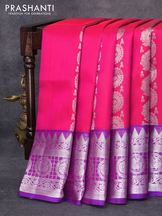 Venkatagiri silk saree dual shade of pinkish orange and dual shade of purple with allover silver zari weaves and rich silver zari woven annam border